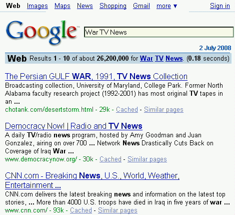 Google ranking for
War TV News 2 July 2008