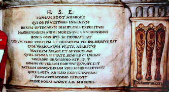 Topham Foote Memorial Inscription.
Topham is cousin of Elizabeth Foote.
She married Lund Washington and
lived at Mount Vernon during the
American Revolution. Topham is the
grandson of Richard Foote/Foot,
Rood Lane, London.