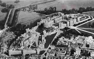 From air, New Windsor with Castle,
St. George's Chapel inside Castle wall,
and St. John the Baptist -- The Windsor
Parish Church on High Street. The
Guildhall where Prince Charles wed
Camilla is two buildings to the left of
Windsor Parish Church.