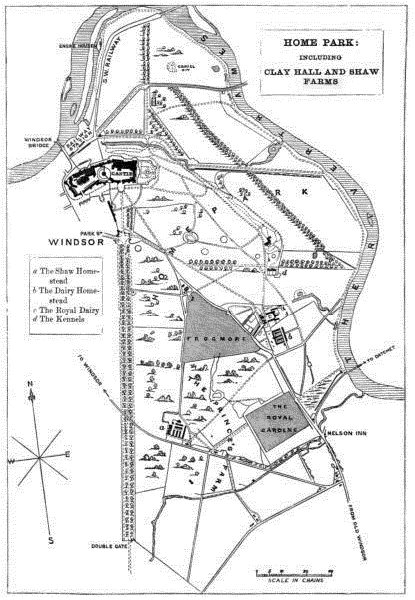   
 Windsor Map with
"CLAY HALL AND 
 SHAW FARMS"
  
 See Roman boot shape
 of Clay Hall Farm
 at bottom near
 the Double Gate.
  